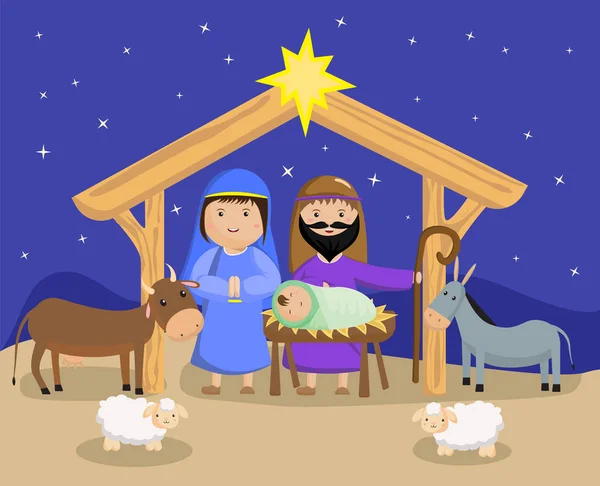 Tre vise männen med presenter till jesus i julen julkrubba — Stock vektor