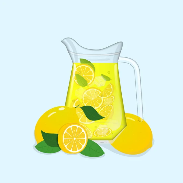 Refrescante Ilustración Limonada Vidrio Con Paja Jarra Con Limones Cubitos — Vector de stock