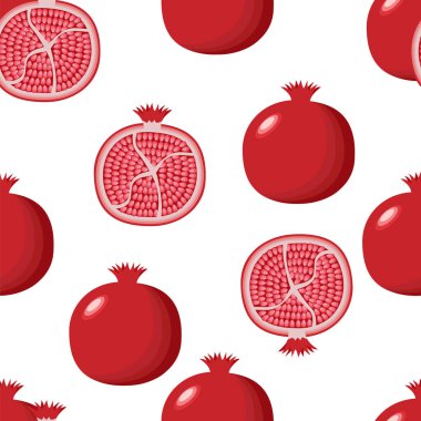 Dikişsiz desen nar meyve ve tohum beyaz arka plan, taze organik gıda, kırmızı yakut meyve deseni. Vektör Illustration.