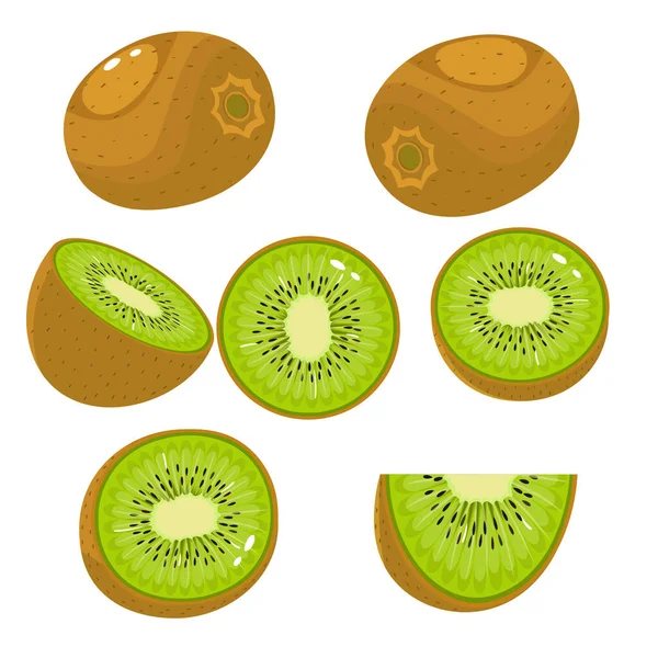 Fruto Kiwi Enteros Pedazos Dulce Fruta Vector Iconos Conjunto Ilustración — Vector de stock