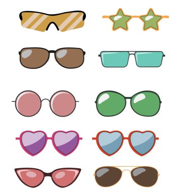 Güneş gözlüğü gezgin şekli çok renkli izole edilmiş - vektör çizimi Gölge ve arkaplan ayrı katmanlarda. Şeffaf lens. Kolay düzenleme.