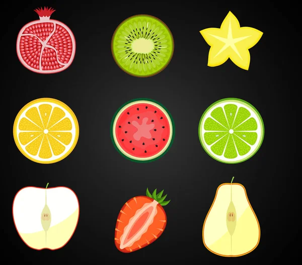 Vector Fresh Fruit Vegetable Cut Half Cross Section Set Cute — Stock Vector