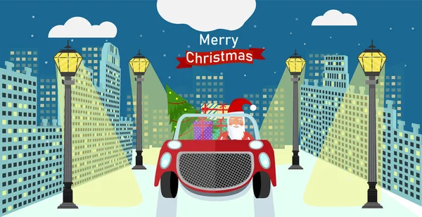 Άγιος Βασίλης Οδηγεί Ρετρό Αυτοκίνητο Στην Παλιά Πόλη Χριστουγεννιάτικη Αφίσα — Διανυσματικό Αρχείο