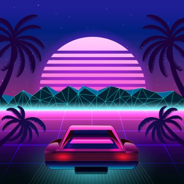 80 'lerin süper arabalı Retro-bilim kurgu geçmişi. Vector retro futuristic synth retro wave illustration in 1980s posterters style. 80 'ler tarzında herhangi bir baskı tasarımı için uygundur.