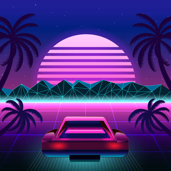 80s Retro Sci-Fi Background with Supercar. Vector retro futuristic synth retro wave illustration in 1980s posters style. Suitable for any print design in 80s style.