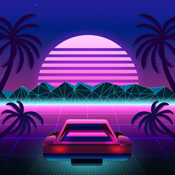 Cartaz no estilo dos anos 80 estilo retrô neon cyberpunk carro esportivo  paisagem futurista noite cidade jogo praia moda música design brilhante  conceito de criatividade ilustração vetorial