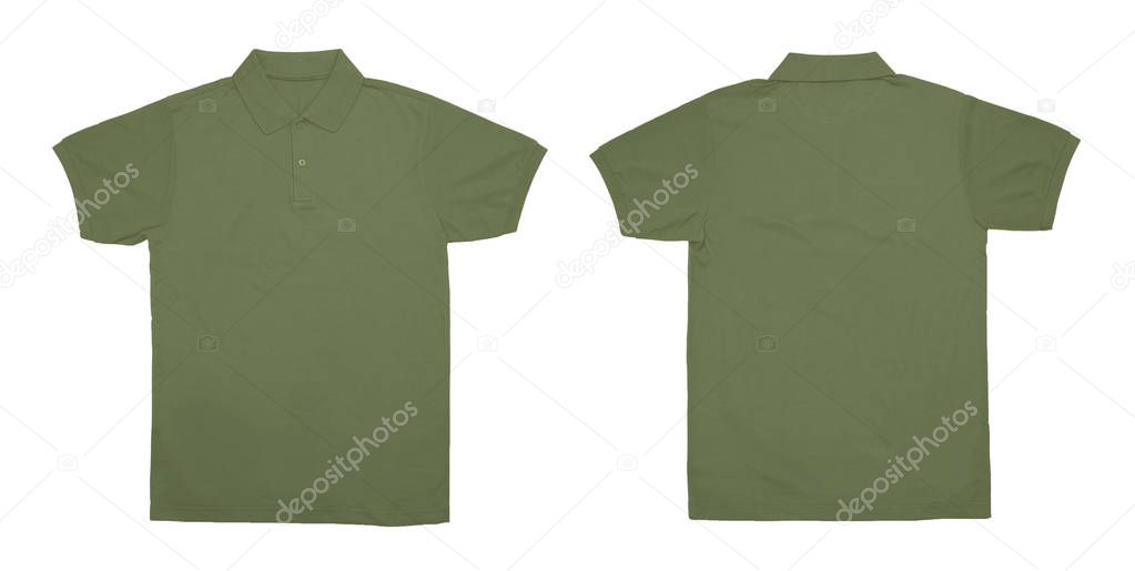 Blank Polo shirt color military green front and back view on white background