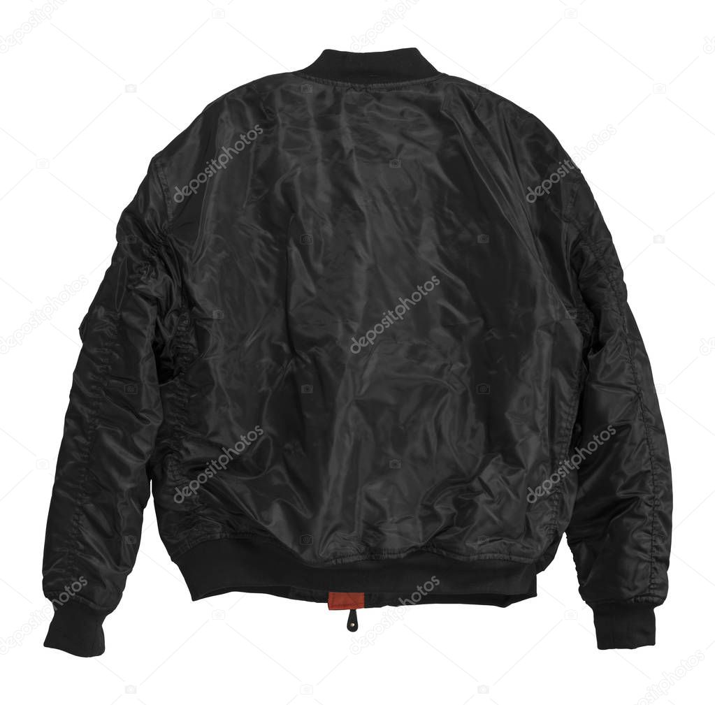 Blank Pilot bomber jacket black color back view on white background