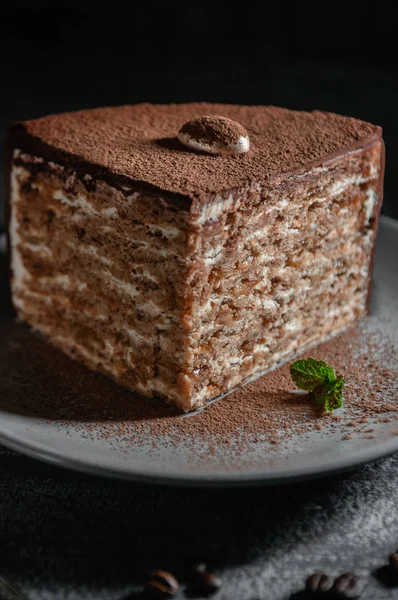 A large piece of chocolate-nut cake sprinkled with cocoa. — Stock Photo, Image