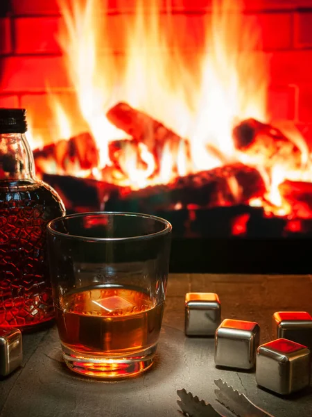 Steel Cubes Imitating Ice Cooling Drinks Glass Whiskey Nearby Tongs — Stock Photo, Image