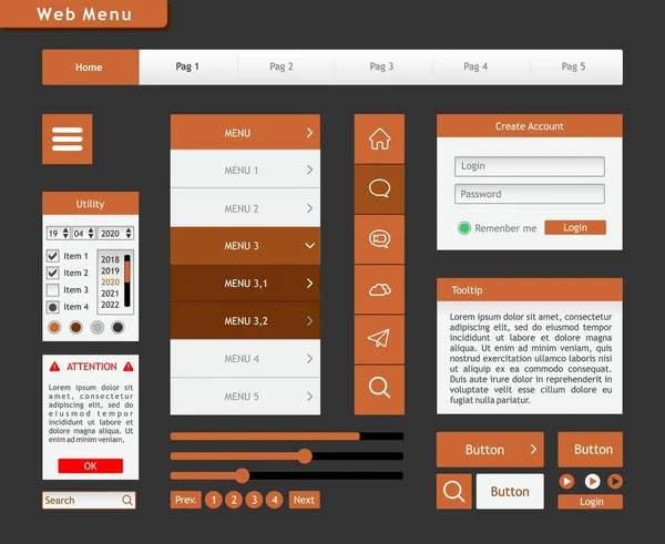 Orange Layout För Webbplats Alla Grafiska Komponenter För Att Bygga — Stock vektor