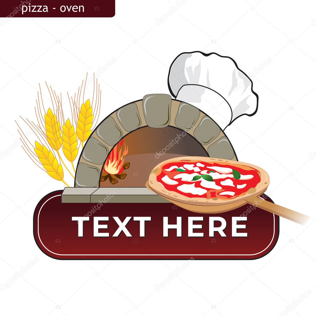 clipart of a burning wood oven with a pizza on a shovel and a chef's hat