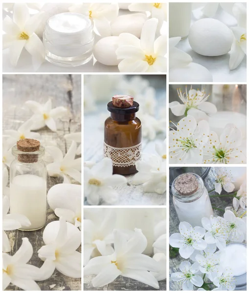 natural cosmetics with white flowers collage