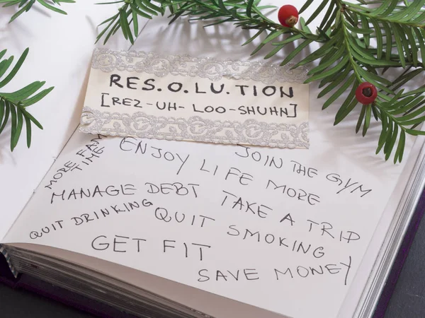 Resoluciones Año Nuevo Con Decoración Navideña Imagen de archivo