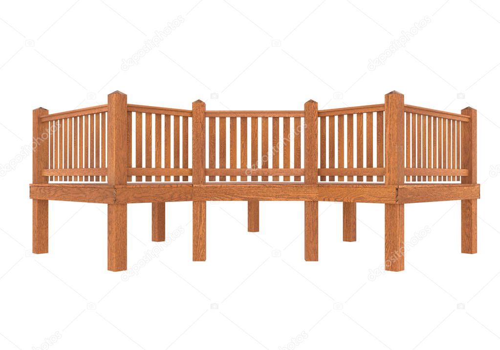 3D render. Illustration of red wood terrace, porch or balcony. Isolated on white background