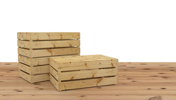 3D render of three wooden crate upside down for fruit or vegetable on wooden floor. Isolated on white background.