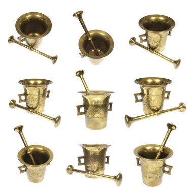 Harç ve beyaz bir arka plan üzerinde izole havaneli. Farklı görünümler.