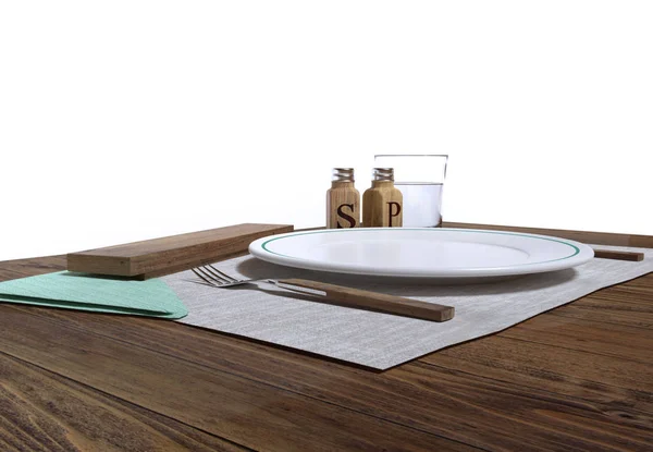 ahşap masa boş plaka 3D gerçekçi render. Tuz, biber, peçete, su ve ahşap çatal bıçak takımı. Beyaz arka plan üzerinde izole.