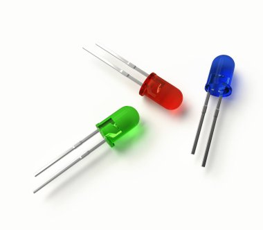 Üç renkli 3 mm led diyot, rgb (kırmızı, yeşil, mavi) 3D gerçekçi render. Gölge beyaz zemin üzerine izole