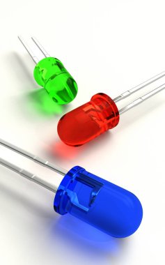 Üç renkli 3 mm led diyot, rgb (kırmızı, yeşil, mavi) 3D gerçekçi render. Gölge beyaz zemin üzerine izole