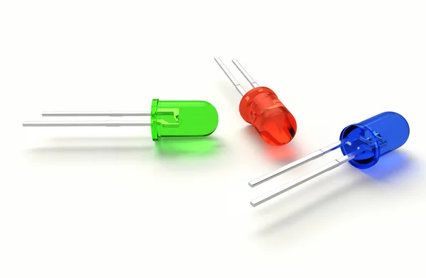 Üç renkli 3 mm led diyot, rgb (kırmızı, yeşil, mavi) 3D gerçekçi render. Gölge beyaz zemin üzerine izole
