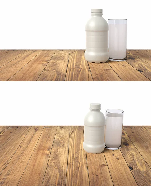 boş süt ambalaj, paketleme şablonunun ahşap masa üzerinde süt ile 3D gerçekçi render. Beyaz arka plan üzerinde izole.
