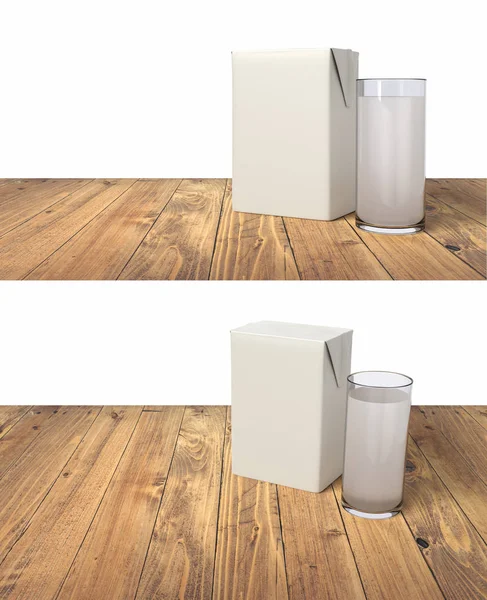 3D realistic render of blank milk packaking template with glass of milk on wooden table. Isolated on white background.