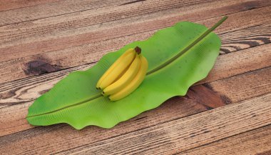 3D render. Grup muz muz yaprağı yerleştirilir. Ahşap masa üzerinde. Beyaz arka plan üzerinde izole.