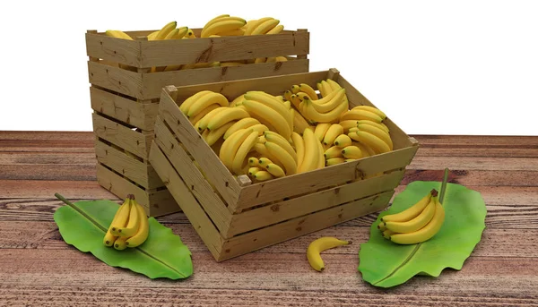 3D render. Ahşap Kasalar veya muz dolu kutular ahşap masaya koyun. Ve muz yaprak yanına. Beyaz izole.