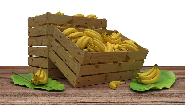 Render Ládákban Vagy Dobozokban Tele Banán Hely Fából Készült Asztal — Stock Fotó