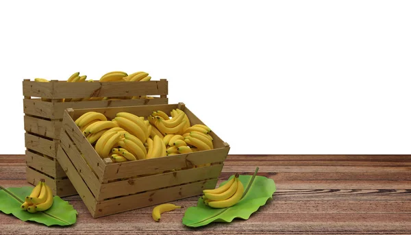 Renderização Caixas Madeira Caixas Cheias Bananas Colocar Sobre Mesa Madeira — Fotografia de Stock