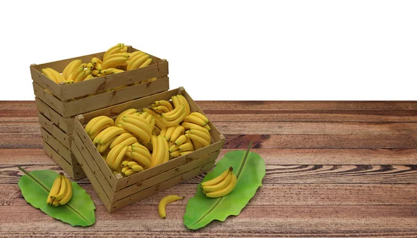 3D render. Wooden crates or boxes full of bananas place on wooden table. And banana leaf next to. Isolated on White.