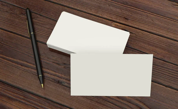 ahşap masa üzerinde siyah kalem ile kurumsal kimliği boş beyaz kartvizit sunum 3D render