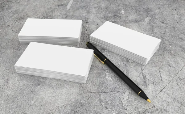 3D render ile beton masa üzerinde siyah kalem kurumsal kimliği boş beyaz iş kartı tanıtımı.