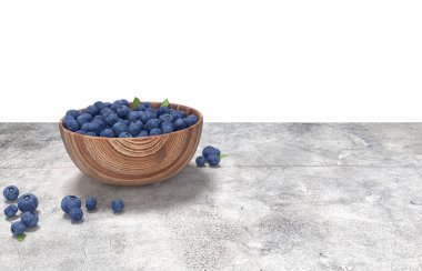 3D render. Ahşap kase tam yaban mersini beton masada.