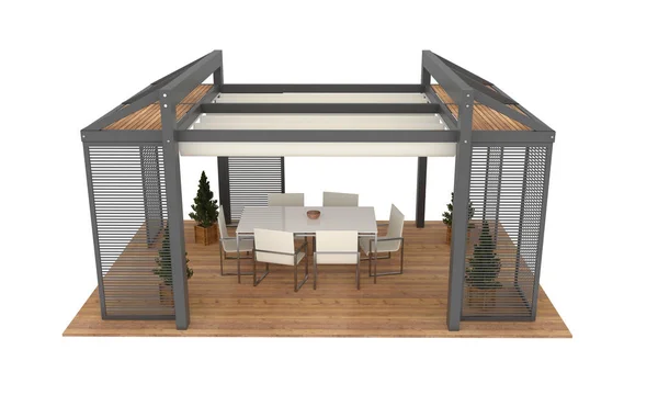 modern lüks Bahçe Pergola 3D render. Bitkiler ve mobilya ile. Beyaz arka plan üzerinde izole.