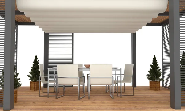 modern lüks Bahçe Pergola 3D render. Bitkiler ve mobilya ile. Beyaz arka plan üzerinde izole.