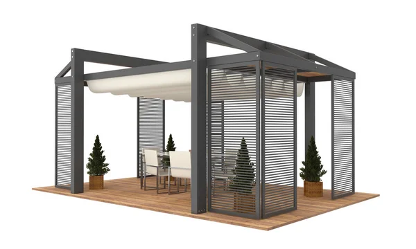 modern lüks Bahçe Pergola 3D render. Bitkiler ve mobilya ile. Beyaz arka plan üzerinde izole.