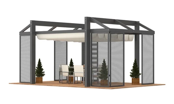 modern lüks Bahçe Pergola 3D render. Bitkiler ve mobilya ile. Beyaz arka plan üzerinde izole.