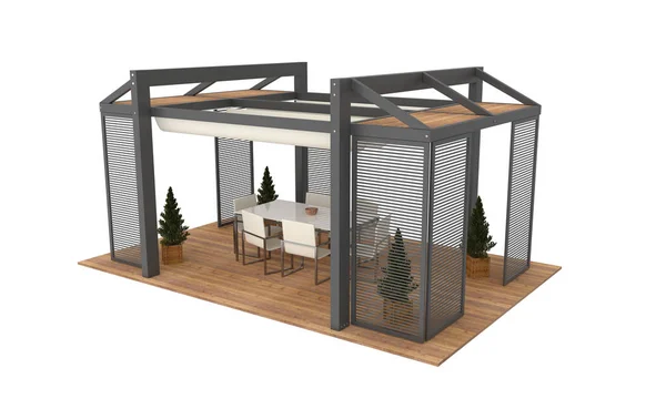 modern lüks Bahçe Pergola 3D render. Bitkiler ve mobilya ile. Beyaz arka plan üzerinde izole.