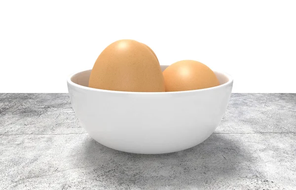 Vykreslení Ful Bílé Keramické Mísy Vajec Kladen Konkrétní Stůl — Stock fotografie