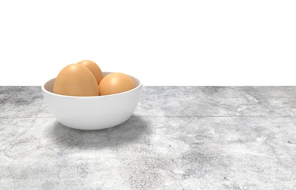 Yumurta beyaz seramik kase ful render. Beton masanın üzerine yerleştirilen.