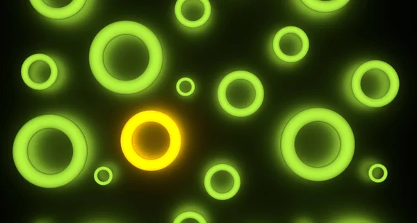 组发光的绿色圆环和一个黄色的抽象渲染 在黑色背景上 — 图库照片