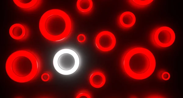 Abstract render of group glowing red torus and one white. On black background