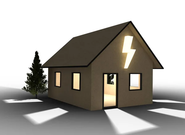 Rendering Qlowing Casa Cartone Con Simbolo Flash Isolato Sfondo Bianco — Foto Stock