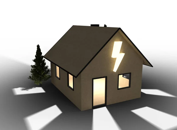 flash sembolü olan qlowing karton ev 3D render. Beyaz arka plan üzerinde izole.
