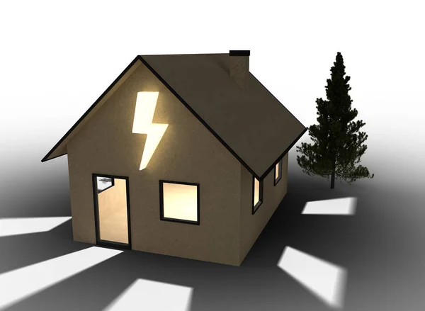 flash sembolü olan qlowing karton ev 3D render. Beyaz arka plan üzerinde izole.