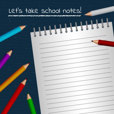 Açık bir dizüstü bilgisayar ve bazı renkli kalemler koyu mavi arka plan içinde Illustration. Okul için notlar alarak kavramı.