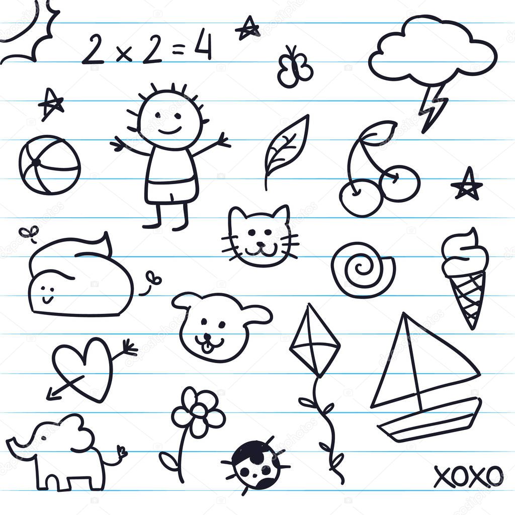 Kids drawings in a notebook. Doodles and scribbles of cat, dog, cherry, spiral,elephant, ladybug, paper kites, boat, ice cream and others. 