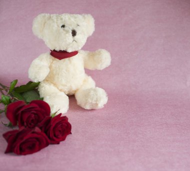 Beyaz oyuncak ayı ve üç kırmızı güller pembe bir arka plan (kare boyut yalan)